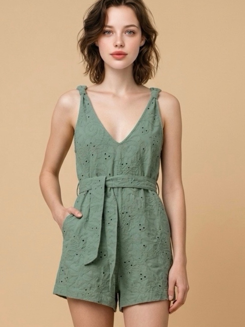 Zara Sage Green Eyelet Tie-Waist Romper